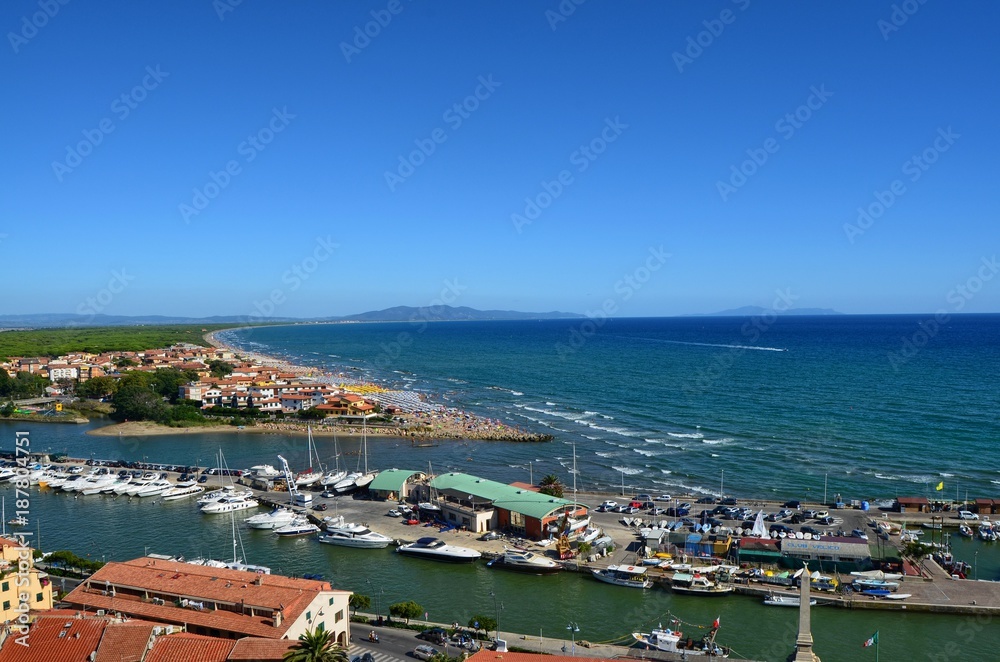 Castiglione della Pescaia, Tuscany, Italy 18 August 2014, 5.00 pm. Panoramic view from the top of the castle hill to the bottom.
