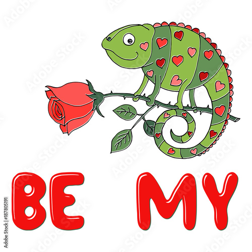 A colorful chameleon with hearts on the skin sits on a rose. Car