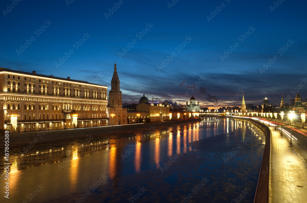 Evening view of the Sofiyskaya and the Kremlin embankments in Moscow, Russia