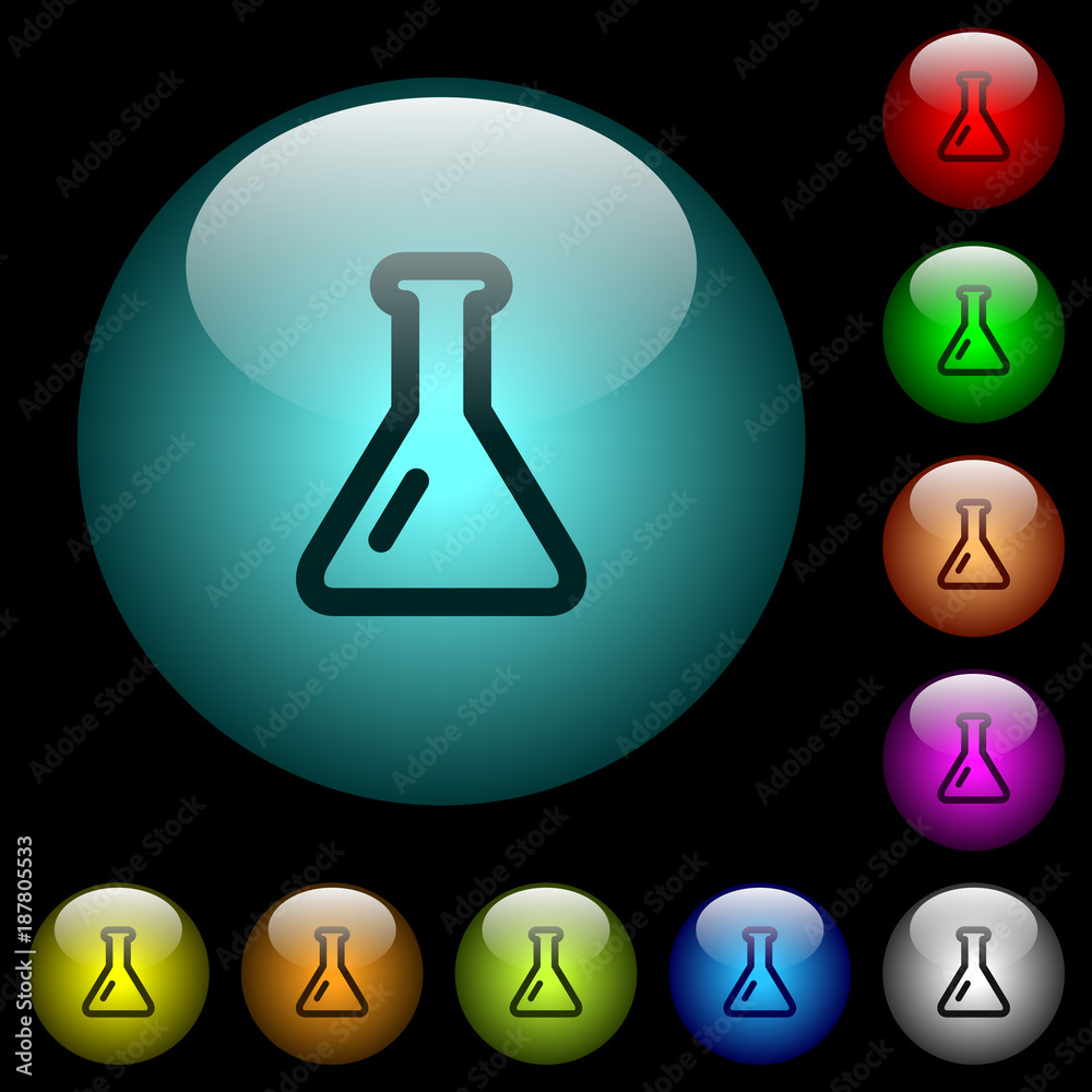 Empty flask icons in color illuminated glass buttons Empty flask icons in color illuminated glass buttons