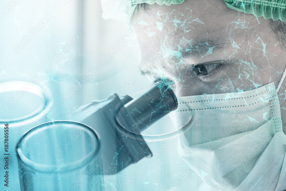 double exposure of scientist or doctor using microscope with science laboratory test tube double exposure of scientist or doctor using microscope with science laboratory test tube
