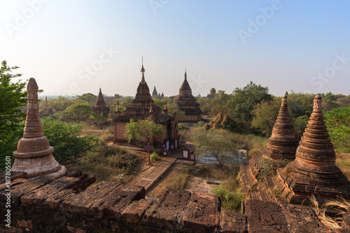 Many small pagodas and temples at the Bagan Plain in Myanmar  Burma  on a sunny day  viewed from the historic ruin 386.