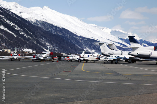 Private jets and planes in the airport of St mORITZ Switzerland