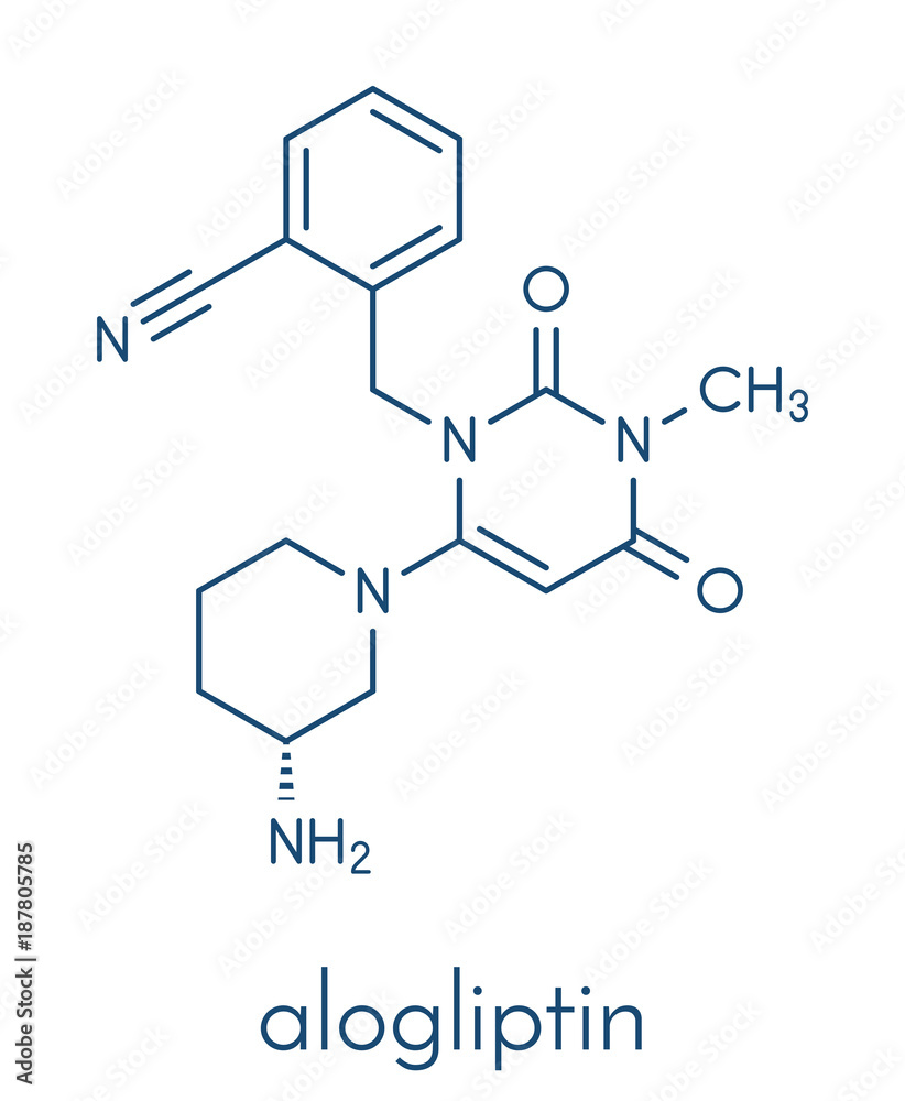 Alogliptin diabetes drug molecule. Belongs to dipeptidyl peptidase 4 (DPP-4) or gliptin class of antidiabetic medicines. Skeletal formula.