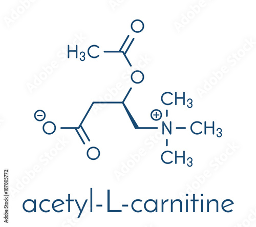 Acetylcarnitine (ALCAR) nutritional supplement molecule. Skeletal formula.