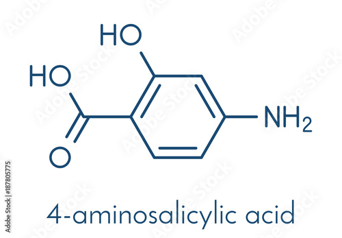 Para-aminosalicylic acid drug molecule. Used in treatment of tuberculosis and inflammatory bowel disease (ulcerative colitis, Crohn's disease). Skeletal formula.