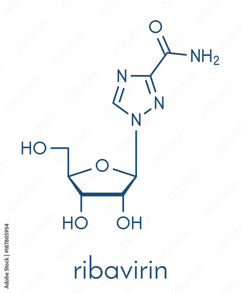 Ribavirin antiviral drug molecule. Used in treatment of hepatitis C virus infections and of viral hemorrhagic fevers. Skeletal formula.
