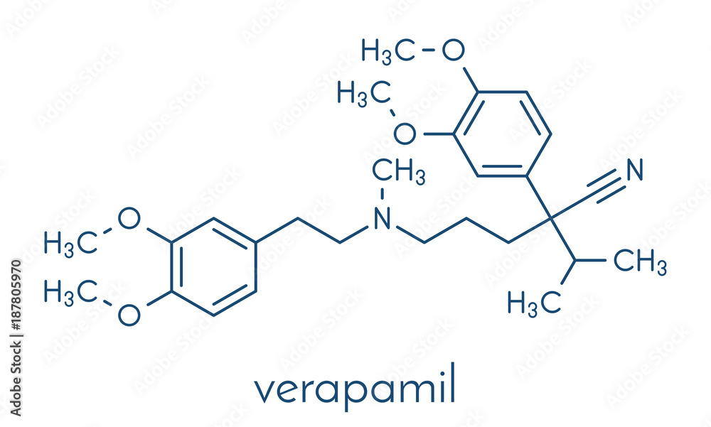 Verapamil calcium channel blocker drug. Mainly used in treatment of hypertension (high blood pressure) and cardiac arrhythmia (irregular heartbeat). Skeletal formula.