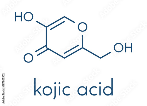 Kojic acid molecule. Used as food additive and for skin depigmentation in cosmetics. Skeletal formula.