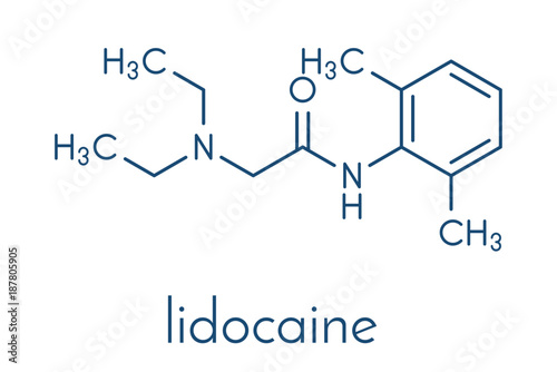 lidocaine local anesthetic drug molecule. Also known as xylocaine or lignocaine. Skeletal formula. photo