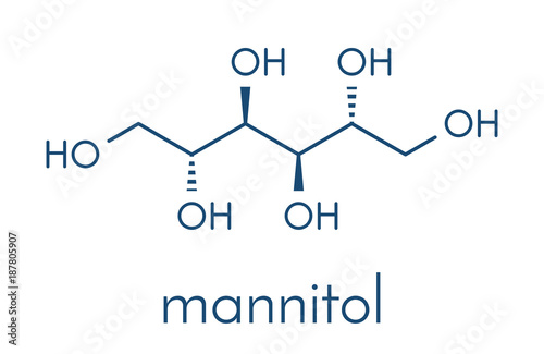 Mannitol (mannite, manna sugar) molecule. Used as sweetener, drug, etc. Skeletal formula.