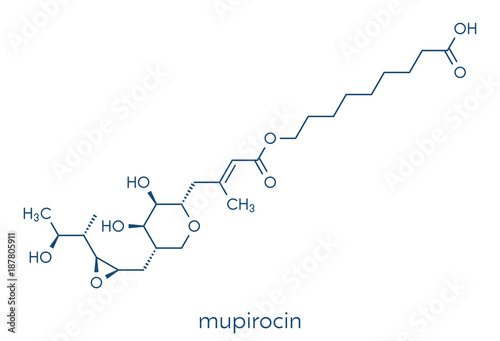 Mupirocin (pseudomonic acid) antibiotic drug molecule. Used topically against gram-positive bacteria. Skeletal formula.