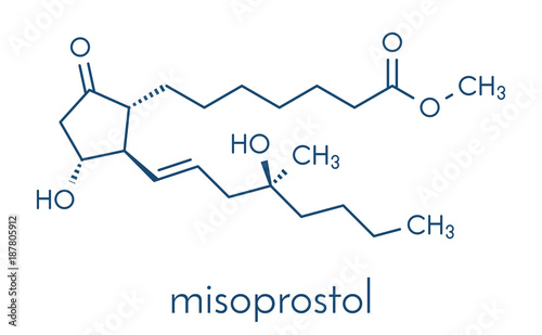 Misoprostol abortion inducing drug molecule. Prostaglandin E1 (PGE1) analogue also used to treat missed miscarriage, induce labor, etc. Skeletal formula.