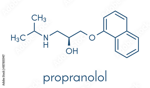 Propranolol high blood pressure drug molecule. Used to treat hypertension, anxiety and panic disorders. Skeletal formula.