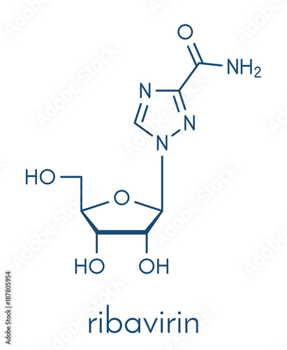 Ribavirin antiviral drug molecule. Used in treatment of hepatitis C virus infections and of viral hemorrhagic fevers. Skeletal formula.