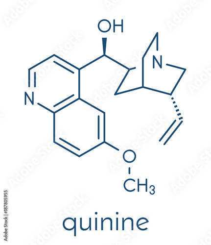 Quinine malaria drug molecule. Isolated from cinchona tree bark. Skeletal formula. photo
