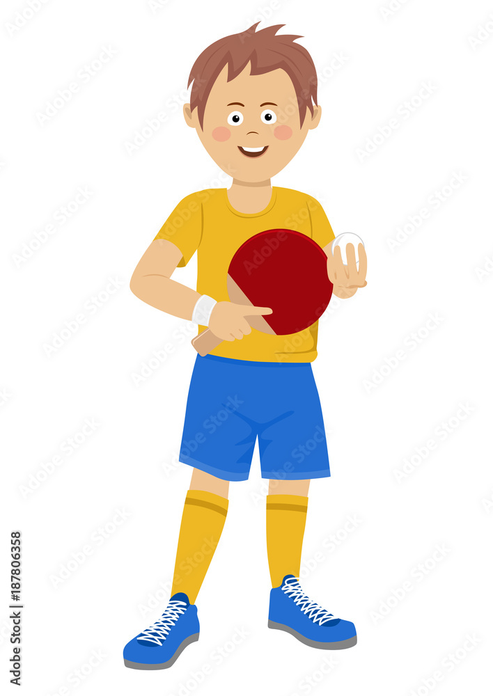 Happy teenager boy with table tennis racket and ball wearing sports wear on white Happy teenager boy with table tennis racket and ball wearing sports wear on white