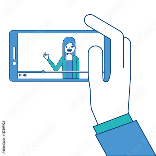 hand holding smartphone with video blogger on screen vector illustration blue and green design