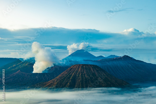 Mount Bromo volcano (Gunung Bromo) before sunrise from viewpoint on Mount Penanjakan in Bromo Tengger Semeru National Park, East Java, Indonesia.