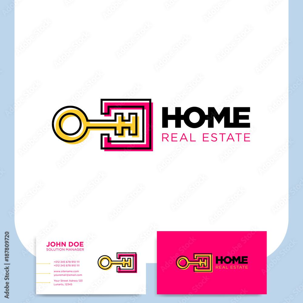 Line square key and letter H logo for home security or protection with business card