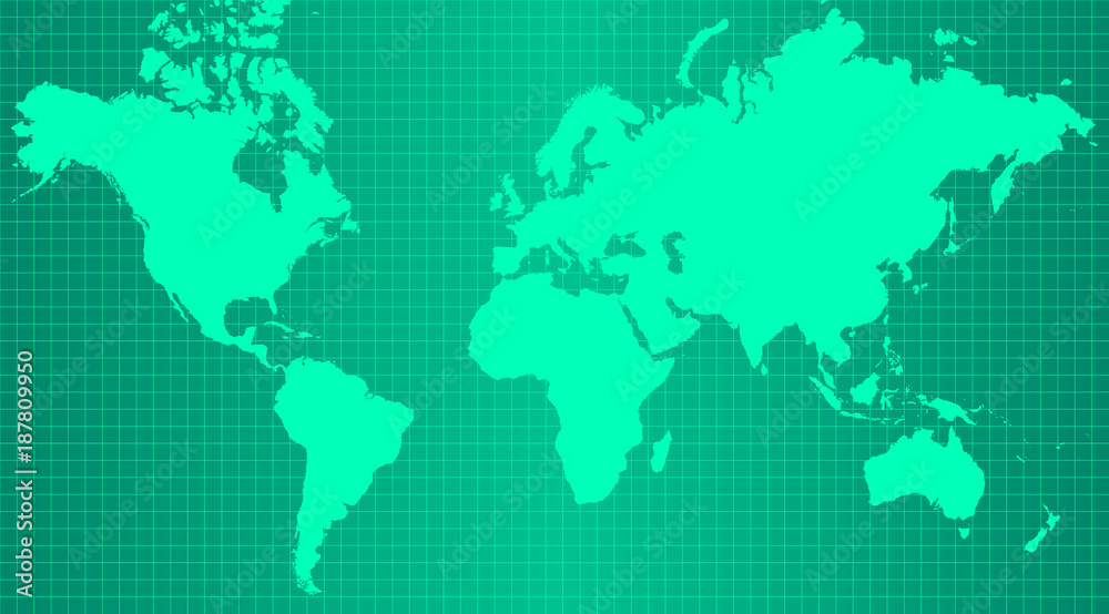 Earth map on trendy green gradient background with grid and all major earth continents - Eurasia, North and South America, Africa, Australia.