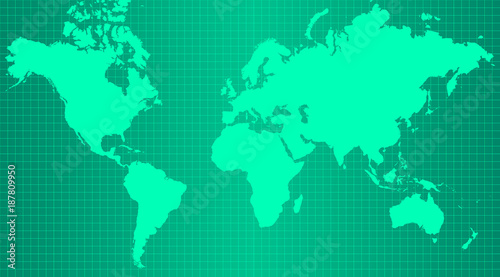 Fototapeta Naklejka Na Ścianę i Meble -  Earth map on trendy green gradient background with grid and all major earth continents - Eurasia, North and South America, Africa, Australia.