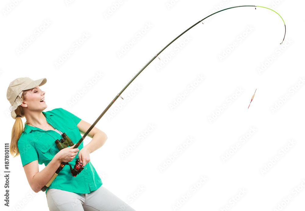 Woman with fishing rod, spinning equipment Woman with fishing rod, spinning equipment