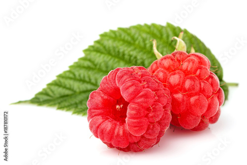 Raspberry with leaves macro closeup.