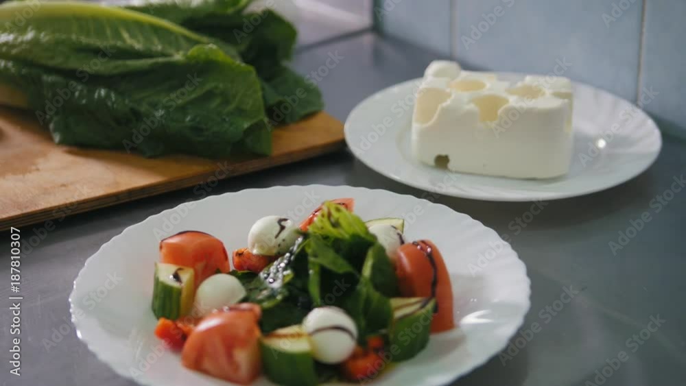 Vegetables and cheese on the kitchen for salad - slider shot Vegetables and cheese on the kitchen for salad - slider shot