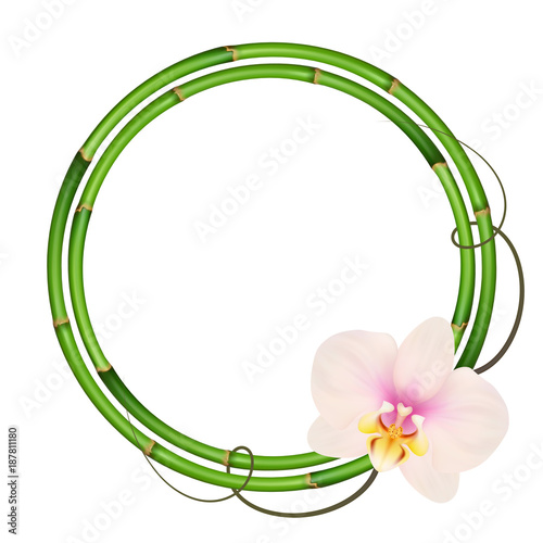 Fototapeta Naklejka Na Ścianę i Meble -  Realistic bamboo frame with orchid flower.