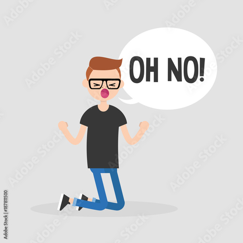 Young kneeling character yelling "oh no". Failure, conceptual illustration. Flat editable vector illustration, clip art