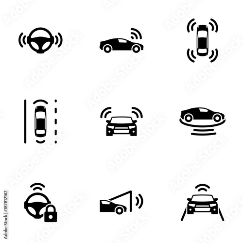 Set of black icons isolated on white background, on theme Autonomous driving