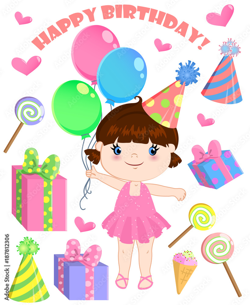 Set of vector birthday cartoon party elements and a cute girl. Set of vector birthday cartoon party elements and a cute girl.