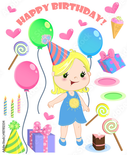 Set of vector birthday cartoon party elements and a cute girl.