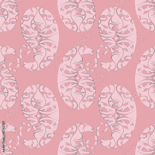 Paisleys seamless pattern. Abstract pink floral background wallpaper. Vintage ornaments with 3d ornamental paisley flowers. Vector repeat elegance monochrome texture for cloth, fabric, textile, print