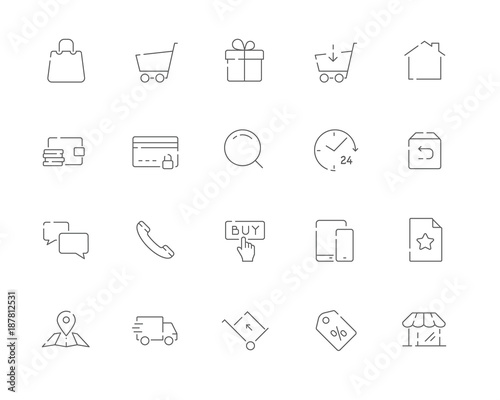 Simple set of E-commerce related vector line web icons. Contains such Icons as Shopping cart, Payment, Search, Delivery, Return, Support and more. Editable Stroke. 48x48 Pixel Perfect.