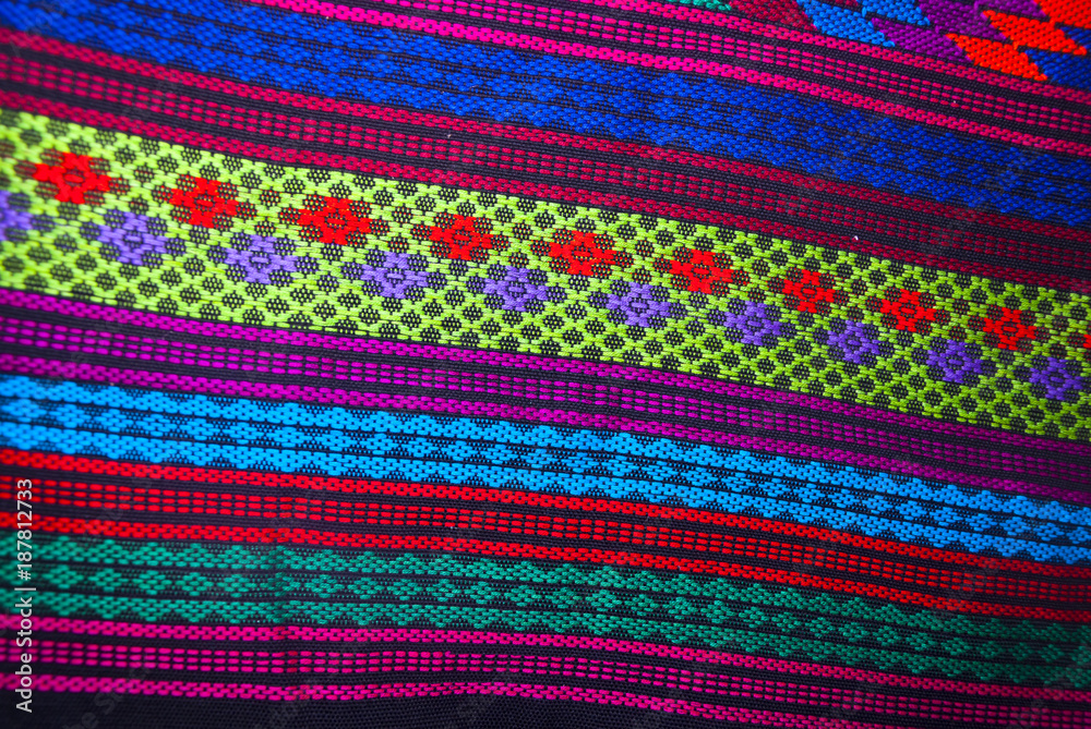 Handmade traditional guatemalan design, Colorful fabric worked by hand in Guatemala, Central America, Mayan details, typical costume.