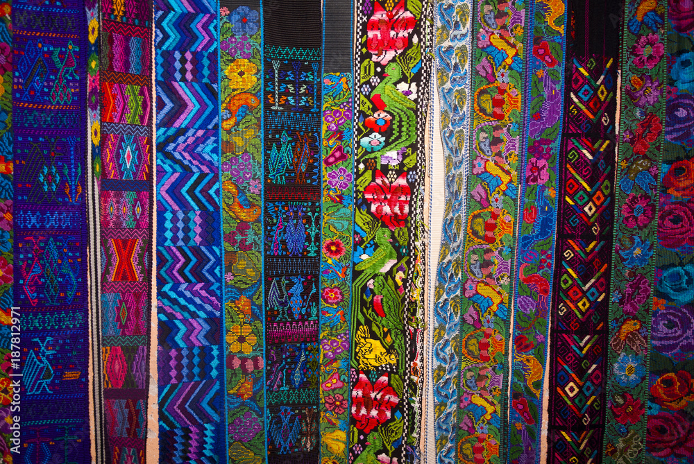 Handmade traditional guatemalan design, Colorful fabric worked by hand in Guatemala, Central America, Mayan details, typical costume.