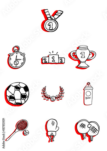 sports games and equipment,prizes and awards,healthy lifestyle, set of hand-drawn icons,vector image