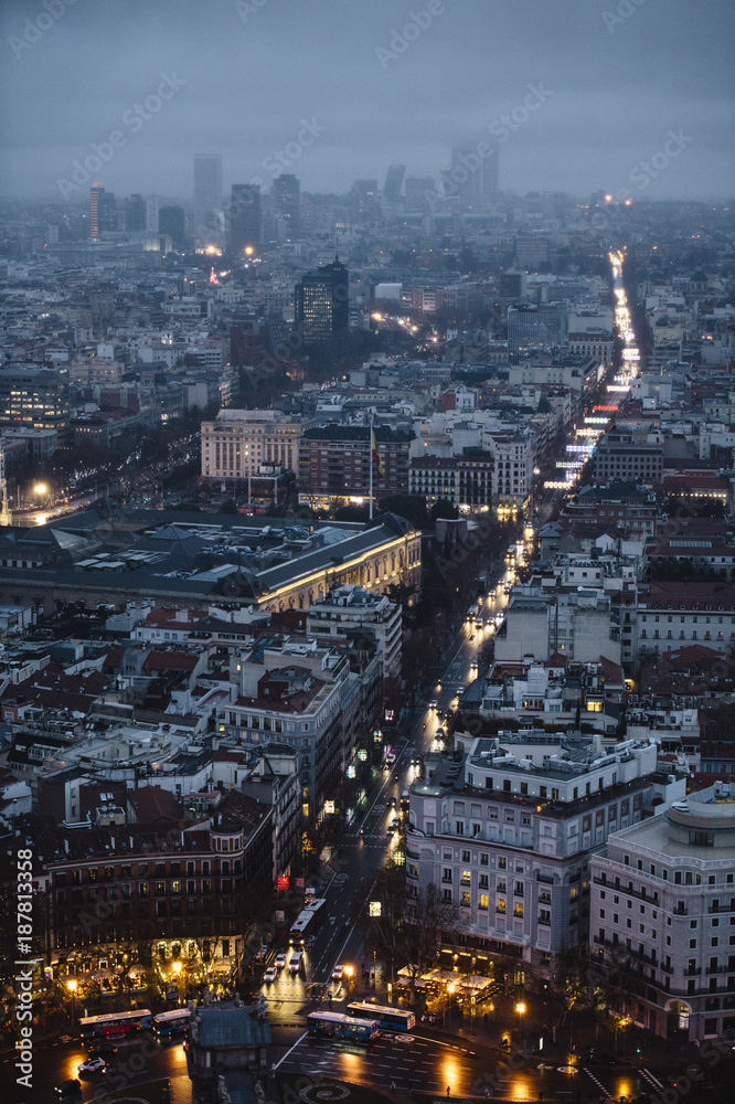 Obraz premium View of Madrid skyscrapers, Spain. Sunset rain