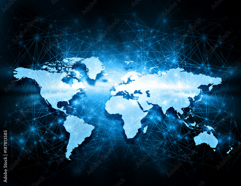 World map on a technological background, glowing lines symbols of the Internet, radio, television, mobile and satellite communications. World map on a technological background, glowing lines symbols of the Internet, radio, television, mobile and satellite communications.