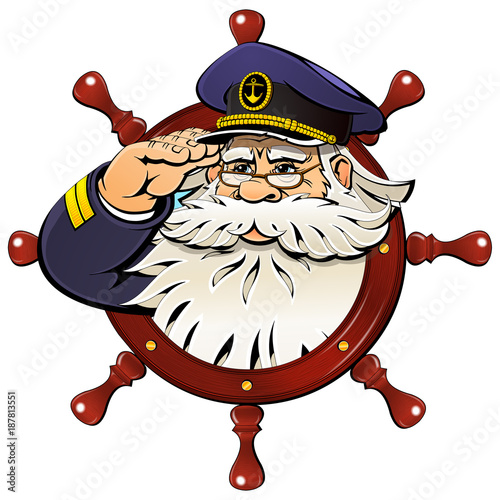 Very old sailor gives a military greeting. Emblem, logo, icon.