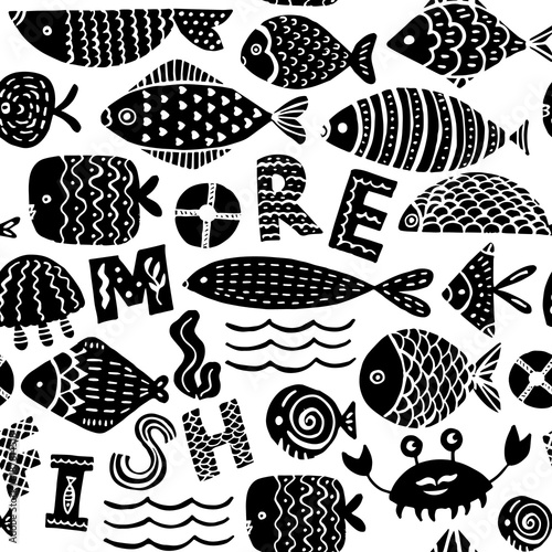 Scandinavian seamless pattern of marine fish