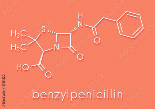 Penicillin G (benzylpenicillin) antibiotic drug molecule. Used to treat bacterial infections; belongs to beta-lactam class. Skeletal formula. photo
