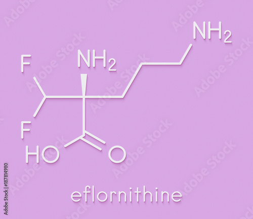 Eflornithine drug molecule. Used to treat facial hirsutism (excessive hair growth) and African trypanosomiasis (sleeping sickness). Skeletal formula. photo