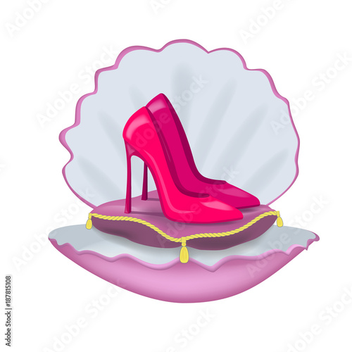 Red shoes for women and open pearl shell close up