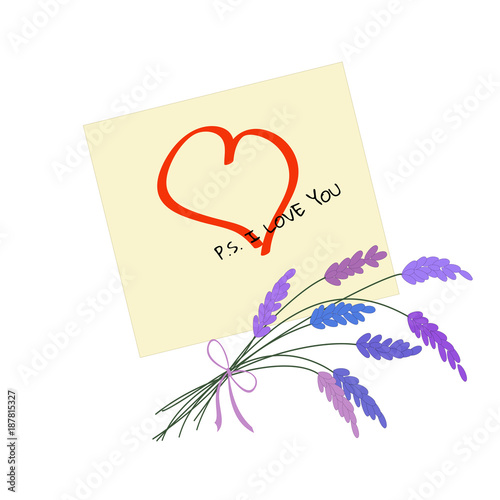 Yellow sticker with drawed heart, bouquet of lavender and Declaration of love. 