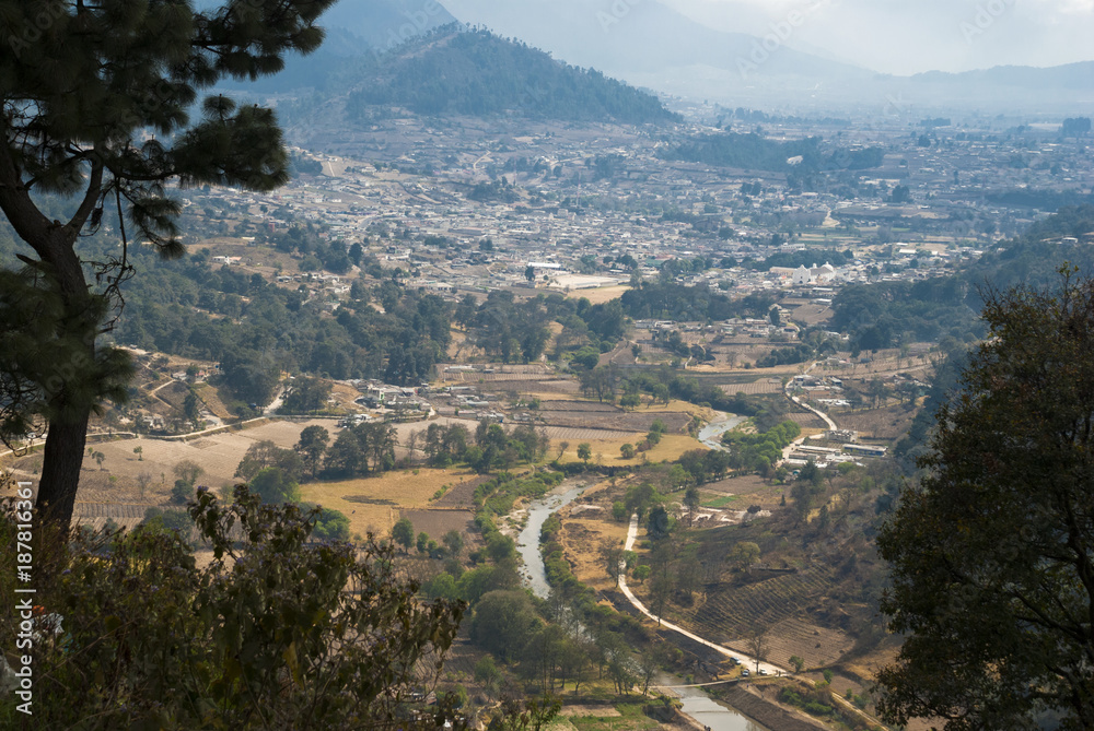 Fototapeta premium Guatemala mountain valley landscape background and river.