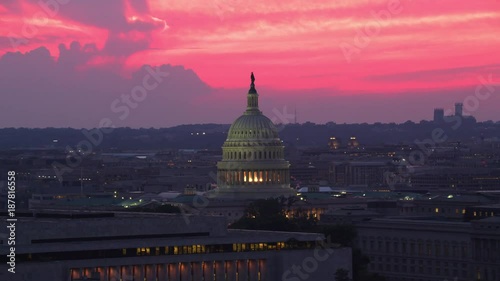 Washington, D.C. circa-2017, Aerial view of US Capitol Dome at sunset.  Shot with Cineflex and RED Epic-W Helium.  photo