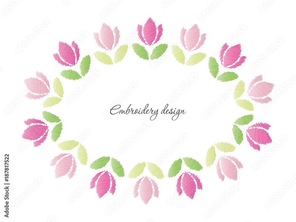 Floral oval frame. Embroidered tulips isolated on white.